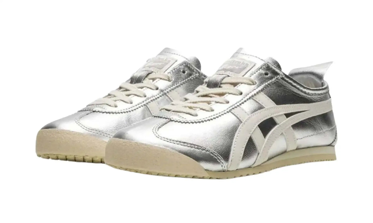 Pair of Onitsuka Tiger Mexico 66 Silver Off White unisex sneakers, angled front view
