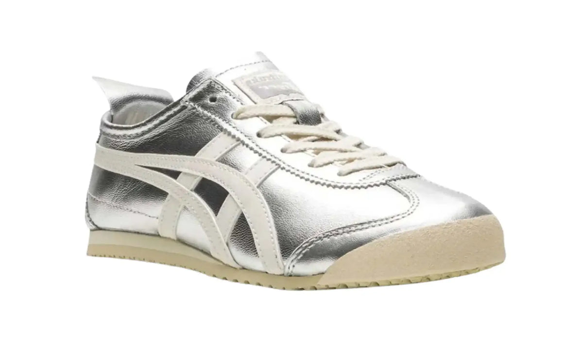 Onitsuka Tiger Mexico 66 Silver Off White unisex sneaker, angled front view showing metallic finish and off-white laces