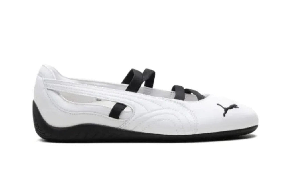 White and black sneaker with a brand logo on a white background