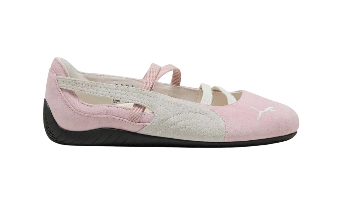 Puma Speedcat Ballet SD Whisp of Pink women’s shoes, outer side view showing off-white Formstrip, instep straps and slim black sole