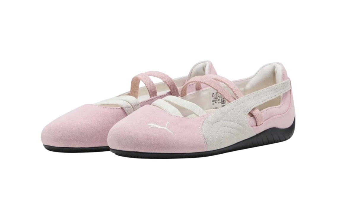 Puma Speedcat Ballet SD Whisp of Pink women’s shoes, angled pair view showing toe logos, off-white Formstrips, instep straps and side cut-outs