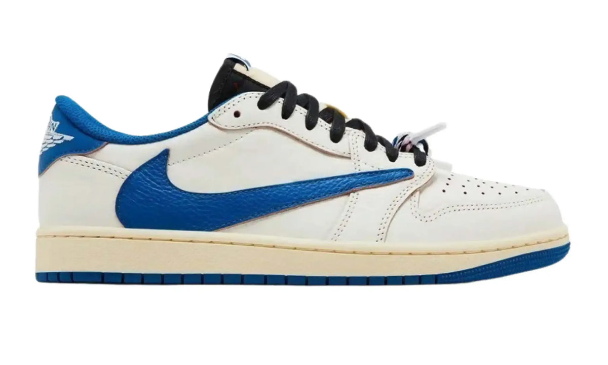 Side view of Travis Scott Fragment Jordan 1 Low Sail Military Blue sneakers with blue reverse Swoosh and black laces