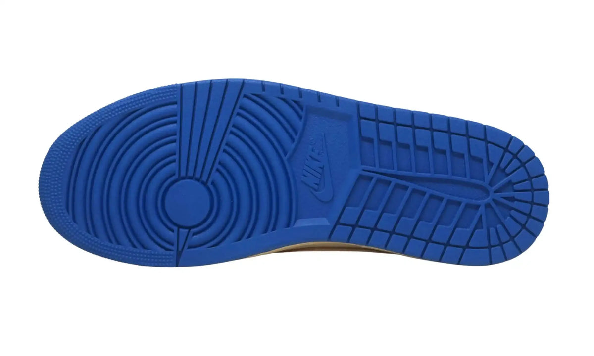 Blue outsole of Travis Scott Fragment Jordan 1 Low Sail Military Blue sneakers