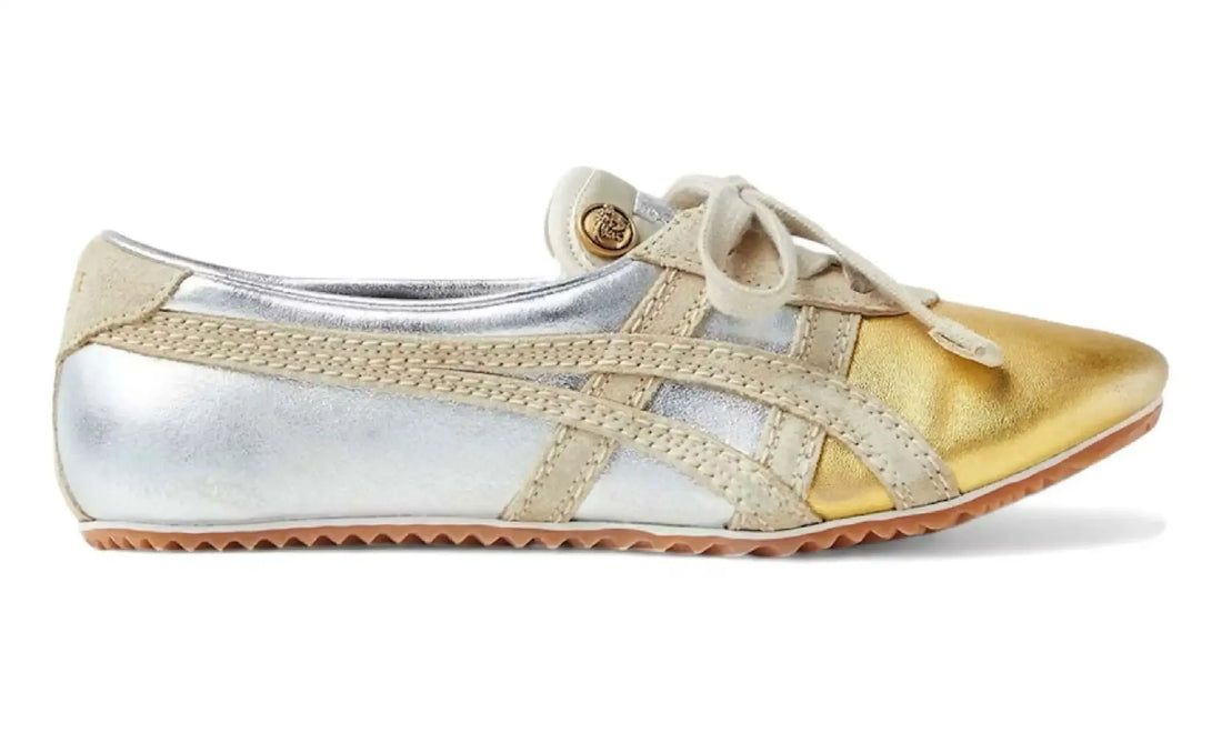 Side view of Versace x Onitsuka Tiger TAI-CHI Sakura Silver/Gold metallic sneakers with cream stripes