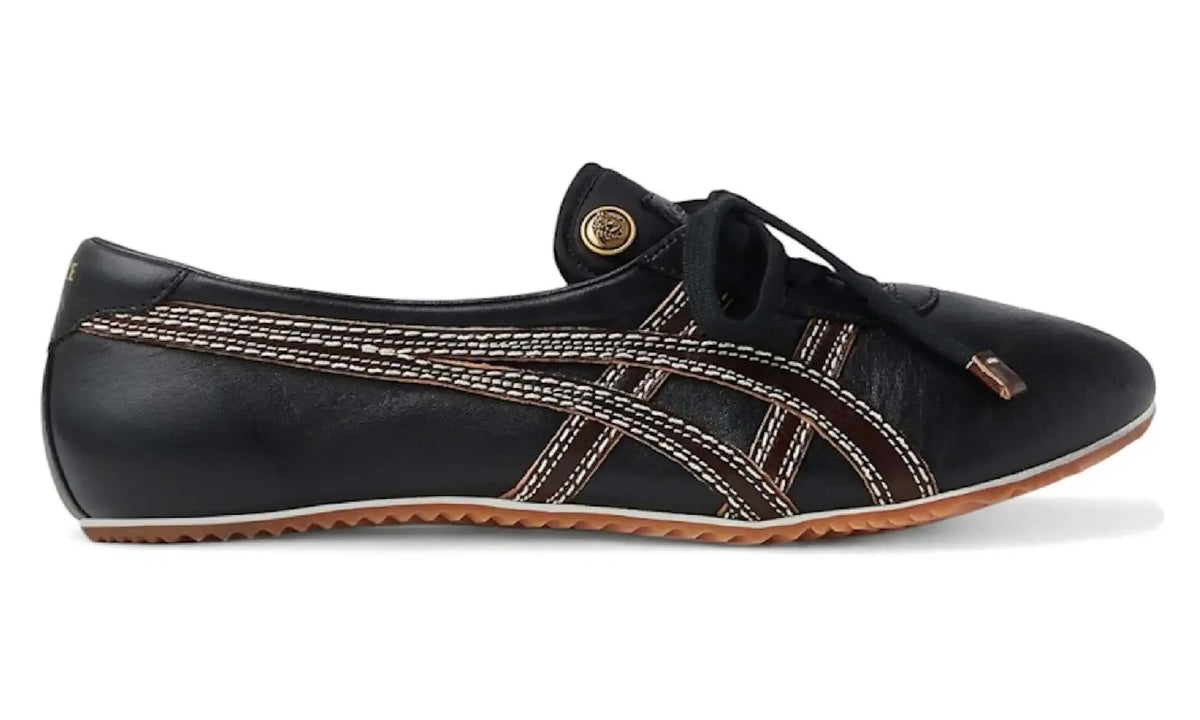 Side view of Versace x Onitsuka Tiger TAI-CHI Sakura Black/Brown sneakers with stitched stripes