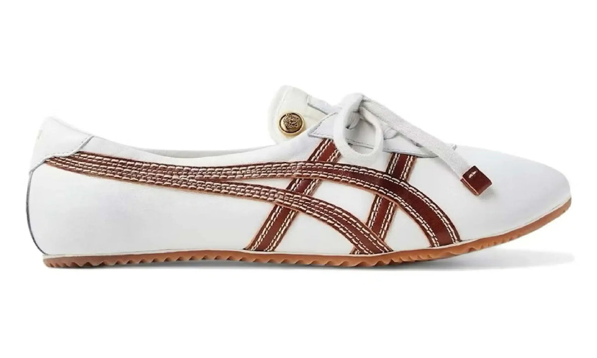 Versace x Onitsuka Tiger TAI-CHI Sakura Nappa Brown/White sneaker, white upper and double-stitched brown Tiger stripes