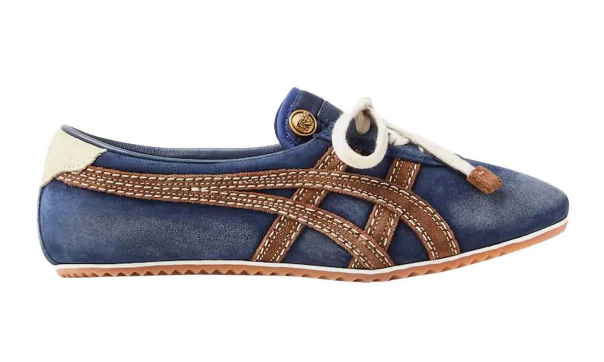 Versace x Onitsuka Tiger TAI-CHI Sakura Blue Suede sneaker, blue side profile with brown stripes