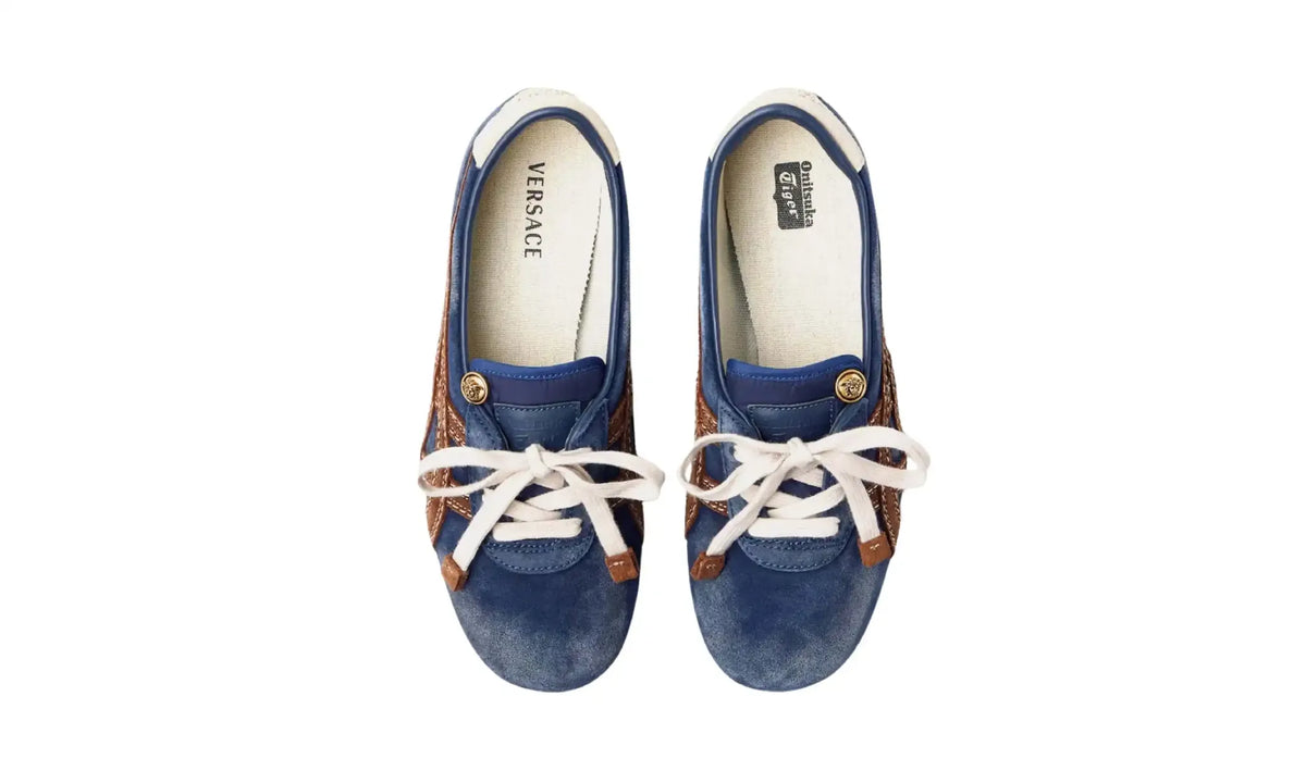 Pair of Versace x Onitsuka Tiger TAI-CHI Sakura Blue Suede sneakers viewed from above