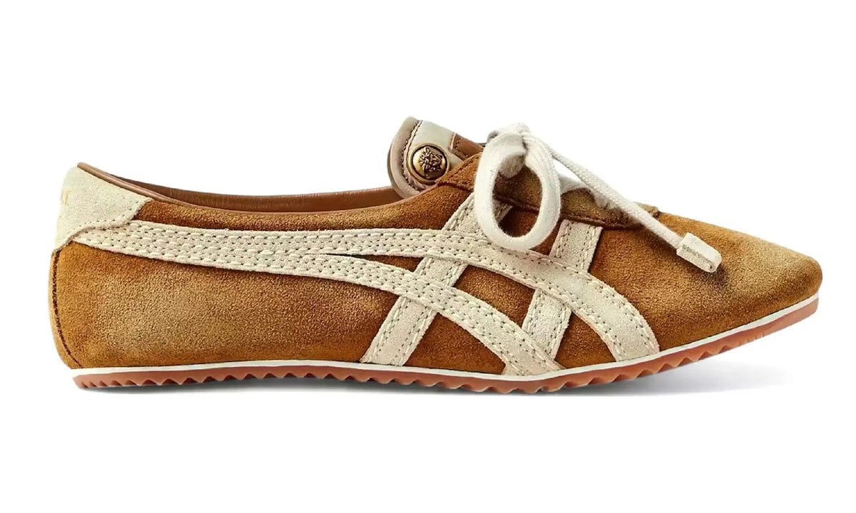 Versace x Onitsuka Tiger TAI-CHI Sakura Brown Suede sneaker, side profile with cream Tiger stripes